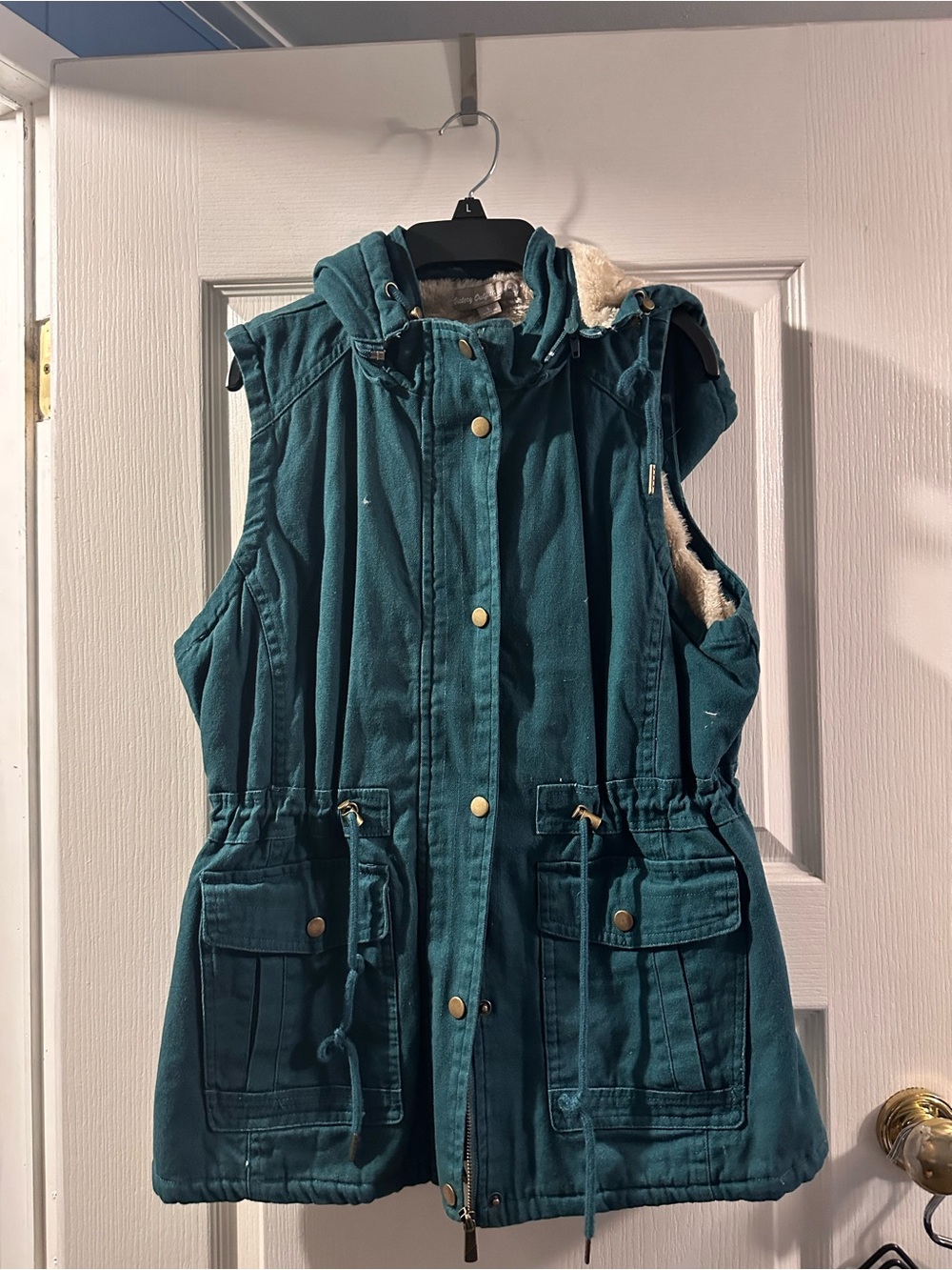 Victory Outfitters Teal Hooded Vest with Tan Faux-Fur Lining